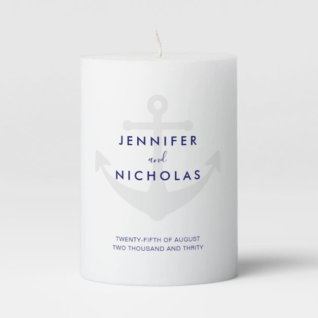 Modern Nautical Anchor Wedding Pillar Candle (Front)