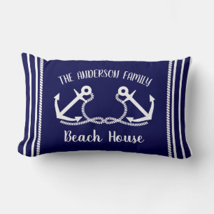 Modern Nautical beach house blue and white anchor Lumbar Pillow