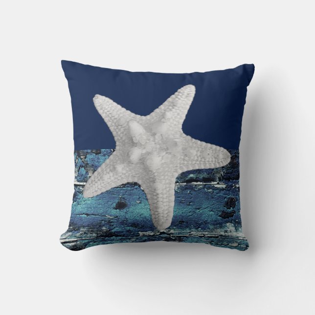 Modern Nautical Beach Navy Blue Starfish Throw Pillow (Front)