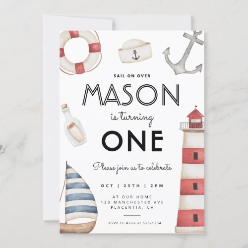 Modern Nautical Birthday Party Sailboat  Invitation