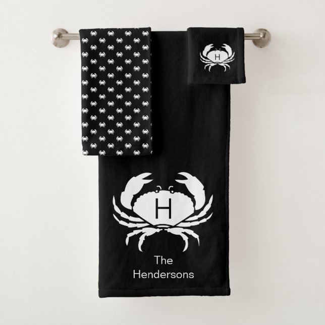 Modern Nautical Black Crab Monogram Name  Bath Towel Set (Insitu)