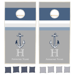 Modern Nautical Blue and Gray Stripes Anchor Cornhole Set