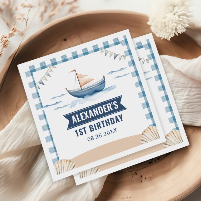 Modern Nautical Blue Boy 1st Birthday Napkins (Creator Uploaded)