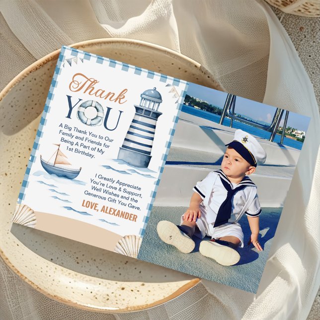 Modern Nautical Blue Boy 1st Birthday Photo Thank You Card (Creator Uploaded)