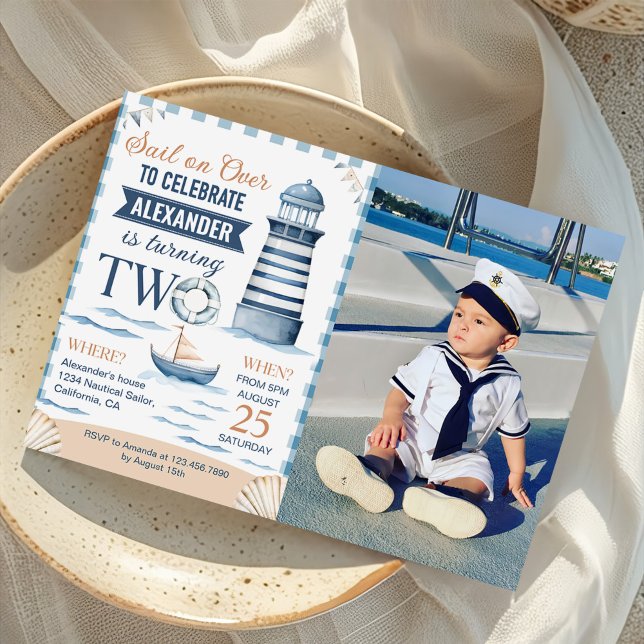 Modern Nautical Blue Boy 2nd Birthday Photo Invitation (Creator Uploaded)