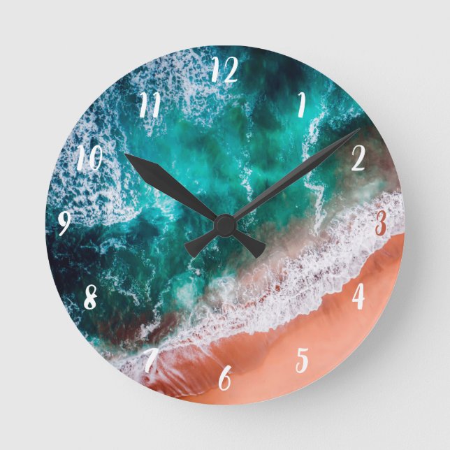 Modern nautical Blue coastal ocean beach Round Clock (Front)