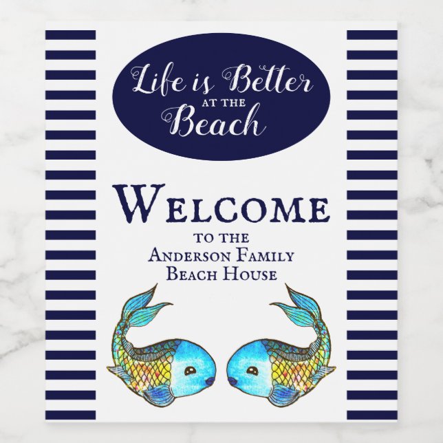 Modern Nautical Blue Fish Beach House Welcome Wine Label (Single Label)