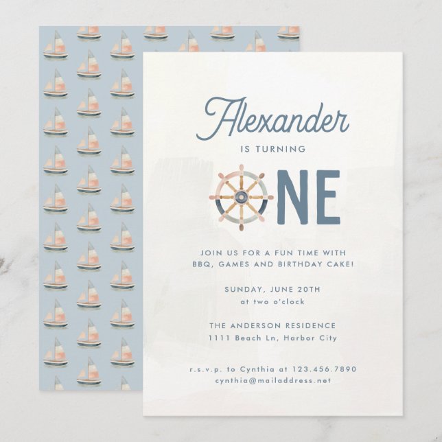Modern Nautical Blue Pastel Kids 1st Birthday Invitation (Front/Back)