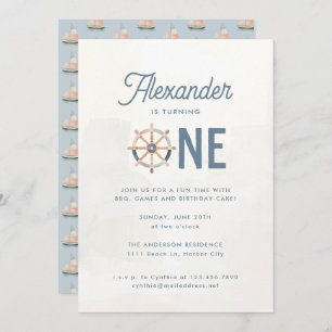 Modern Nautical Blue Pastel Kids 1st Birthday Invitation
