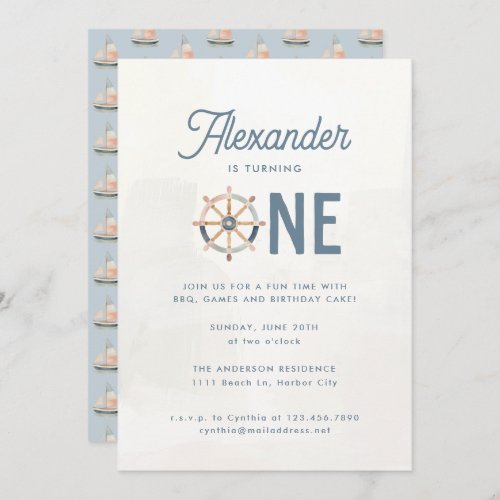 Modern Nautical Blue Pastel Kids 1st Birthday Invitation