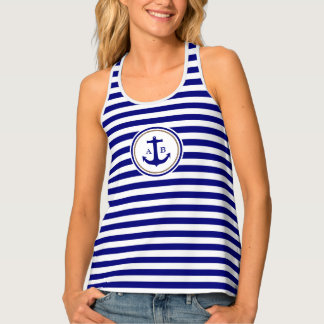Modern Nautical Blue Stripes with Anchor Tank Top