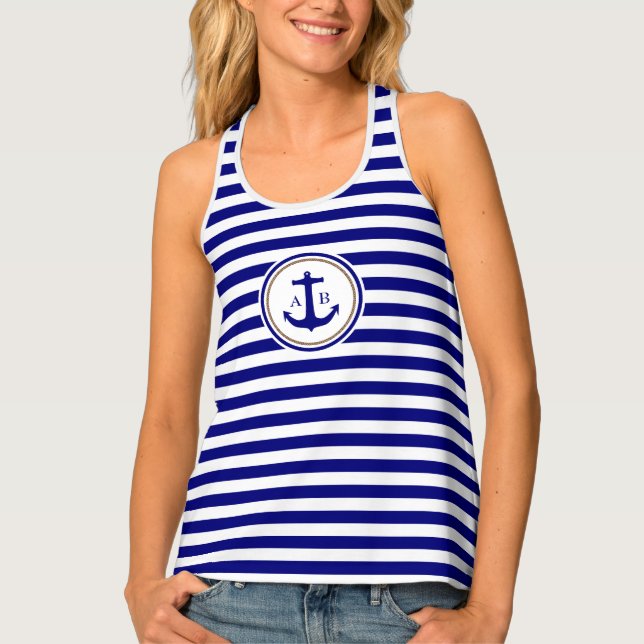 Modern Nautical Blue Stripes with Anchor Tank Top (Front)
