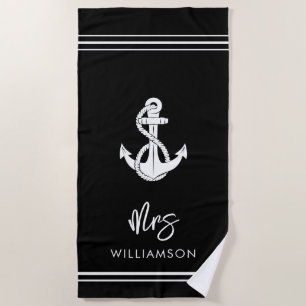 Modern Nautical Boat Anchor Wedding Gift Black Beach Towel