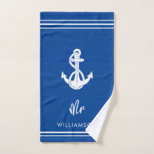Modern Nautical Boat Anchor Wedding Groom Blue Hand Towel