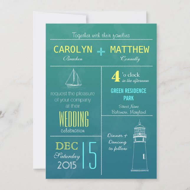 Modern Nautical Boat | Lighthouse Beach Wedding Invitation (Front)