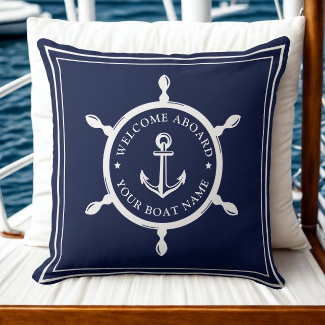 Modern Nautical Boat Name Anchor Welcome Aboard  Throw Pillow (Modern Nautical Boat Name Anchor Welcome Aboard Throw Pillow)