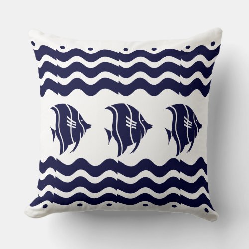 Modern Nautical Chic Navy Blue Fish Throw Pillow
