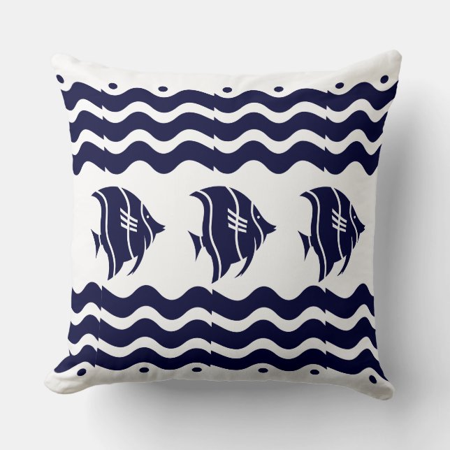 Modern Nautical Chic Navy Blue Fish Throw Pillow (Front)