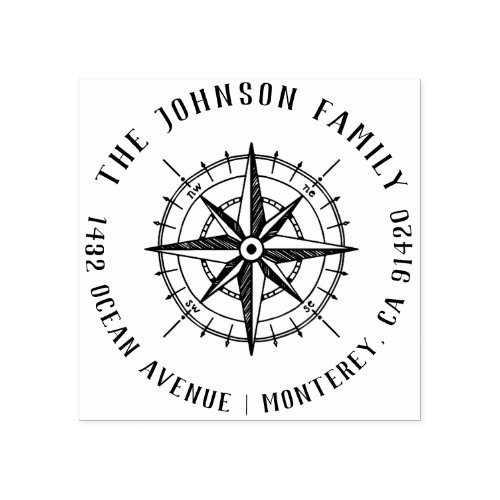 Modern Nautical Compass Family Name Return Address Rubber Stamp