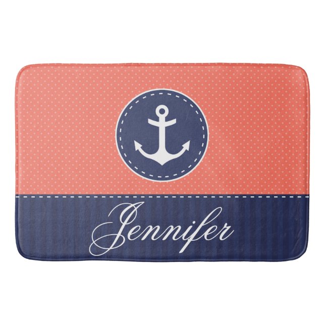 Modern Nautical Coral Blue Anchor Personalized Bath Mat (Front)