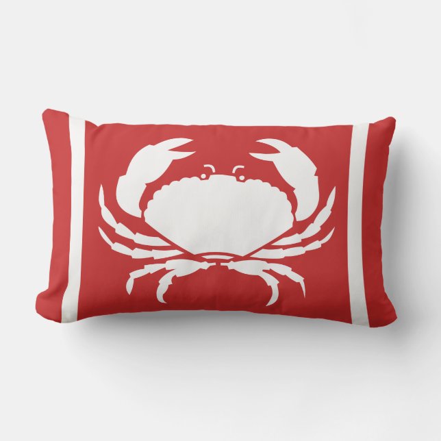 Modern Nautical CRAB White Red Outdoor Lumbar Pillow (Front)