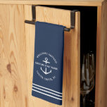 Modern Nautical Custom Boat Name Anchor Welcome Kitchen Towel<br><div class="desc">Nautical boating kitchen towel in navy blue reading "welcome aboard" as well as your custom boat name and location within an anchor design.</div>