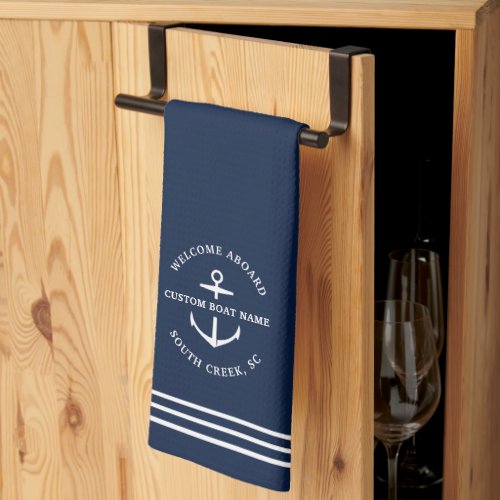 Modern Nautical Custom Boat Name Anchor Welcome Kitchen Towel