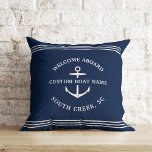 Modern Nautical Custom Boat Name Anchor Welcome Throw Pillow<br><div class="desc">Nautical boating pillow in navy blue reading "welcome aboard" as well as your custom boat name and location within an anchor design.</div>