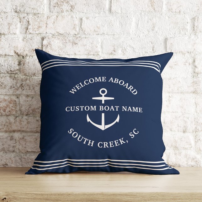 Modern Nautical Custom Boat Name Anchor Welcome Throw Pillow (Welcome aboard! )