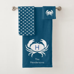 Modern Nautical Dark Teal Blue Crab Monogram Name Bath Towel Set