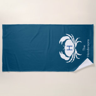 Modern Nautical Dark Teal Blue Crab Monogram Name Beach Towel
