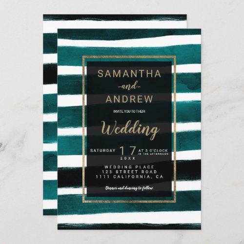 Modern nautical emerald green stripes gold wedding invitation