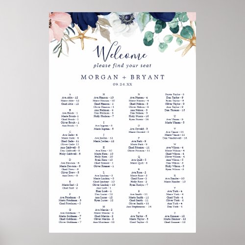 Modern Nautical Floral Alphabetical Seating Poster