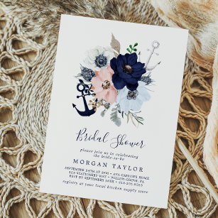 Modern Nautical   Floral Anchor Bridal Shower Invitation