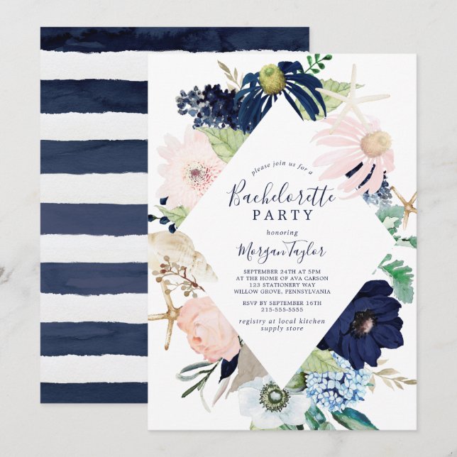 Modern Nautical | Floral Bachelorette Party Invitation (Front/Back)