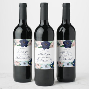 Modern Nautical   Floral Bridesmaid Proposal Wine Label