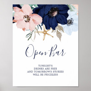 Modern Nautical Floral Open Bar Sign