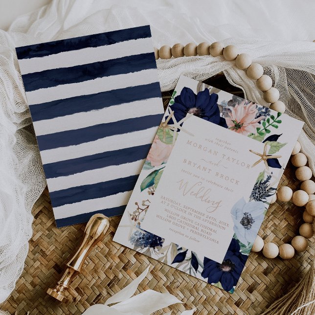Modern Nautical Floral | Rose Gold Foil Wedding Foil Invitation (Creator Uploaded)