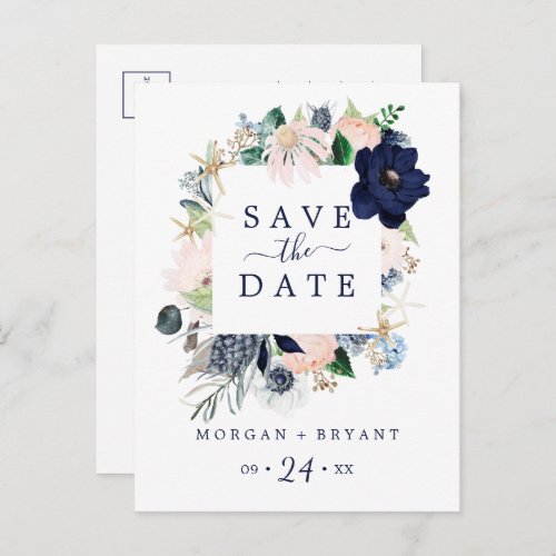 Modern Nautical  Floral Save the Date Postcard