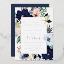 Modern Nautical Floral | Silver Foil Navy Wedding Foil Invitation
