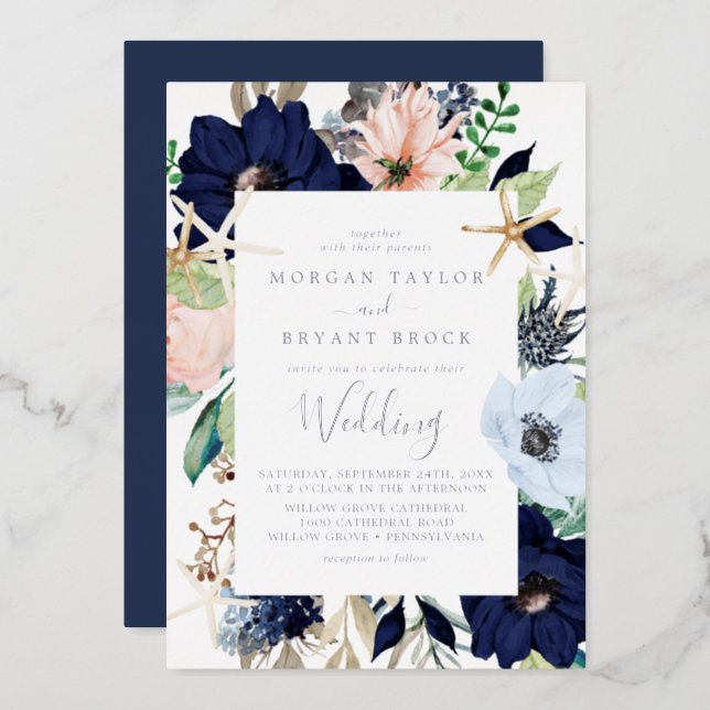 Modern Nautical Floral | Silver Foil Navy Wedding Foil Invitation (Front/Back)