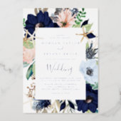 Modern Nautical Floral | Silver Foil Navy Wedding Foil Invitation (Front)