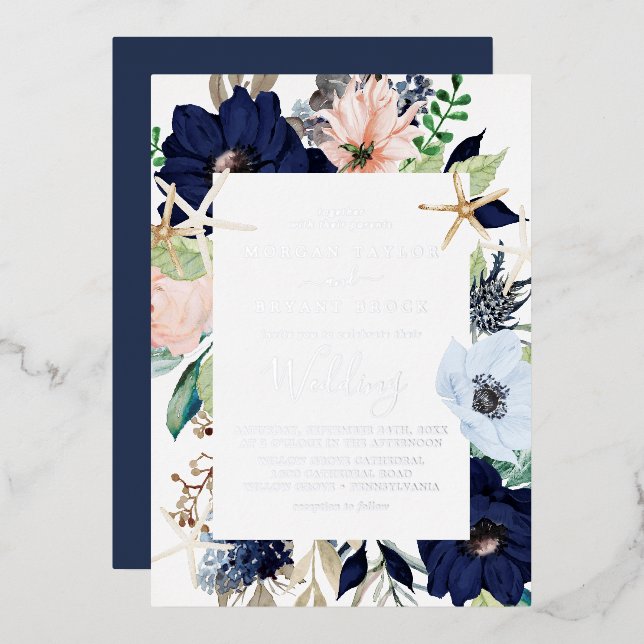Modern Nautical Floral | Silver Foil Navy Wedding Invitation (Front/Back)