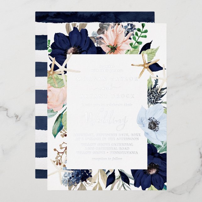 Modern Nautical Floral | Silver Foil Wedding Foil Invitation (Front/Back)