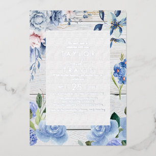 Modern Nautical Floral   Silver Foil Wedding  Invitation