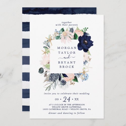 Modern Nautical  Floral Square Frame Wedding Invitation