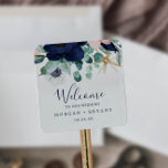 Modern Nautical | Floral Wedding Welcome Square Sticker<br><div class="desc">These modern nautical floral wedding welcome stickers are perfect for a cruise or beach wedding. The whimsical design features blush pink and navy blue watercolor flowers with gold starfish accents, giving it a beachy vibe. Personalize these stickers with the location of your wedding, names, and wedding date. These labels are...</div>