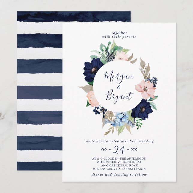 Modern Nautical | Floral Wreath Wedding Invitation (Front/Back)