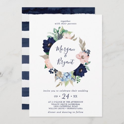 Modern Nautical  Floral Wreath Wedding Invitation