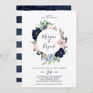 Modern Nautical   Floral Wreath Wedding Invitation